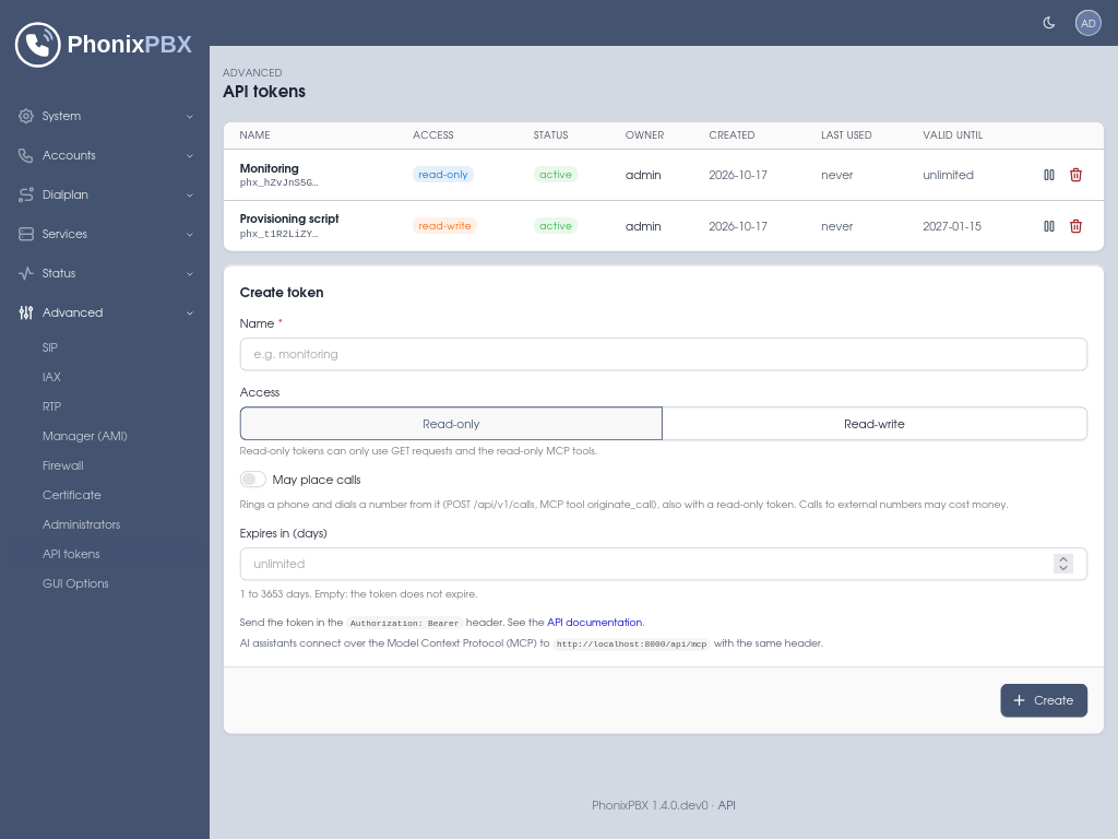 PhonixPBX API Tokens screenshot