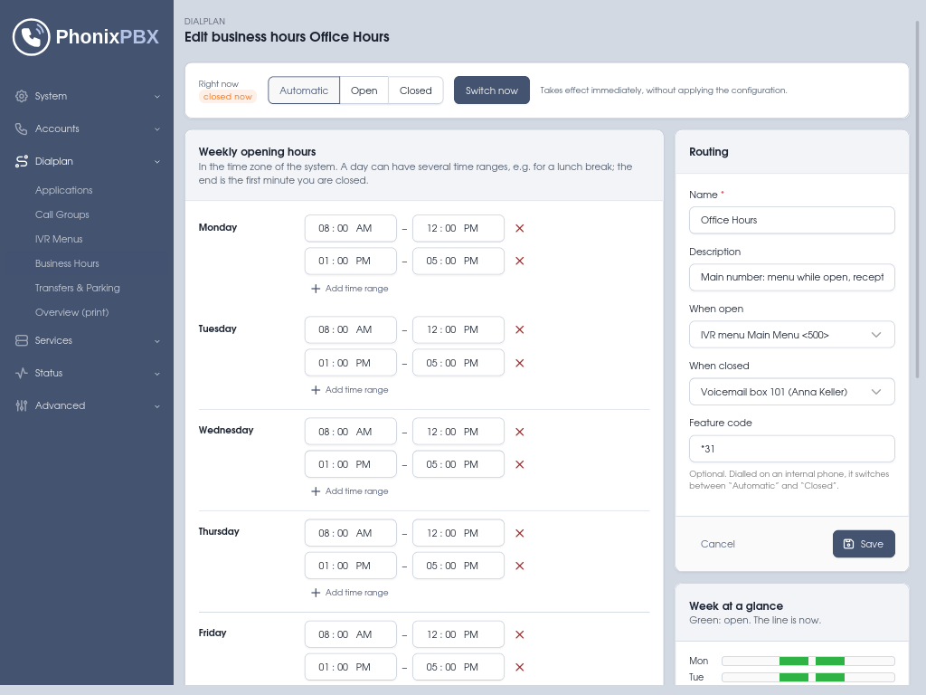 PhonixPBX Business Hours screenshot