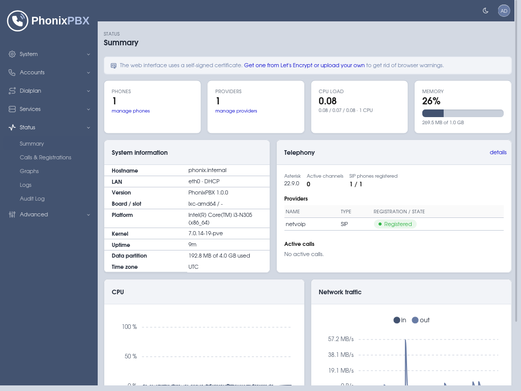PhonixPBX Dashboard screenshot