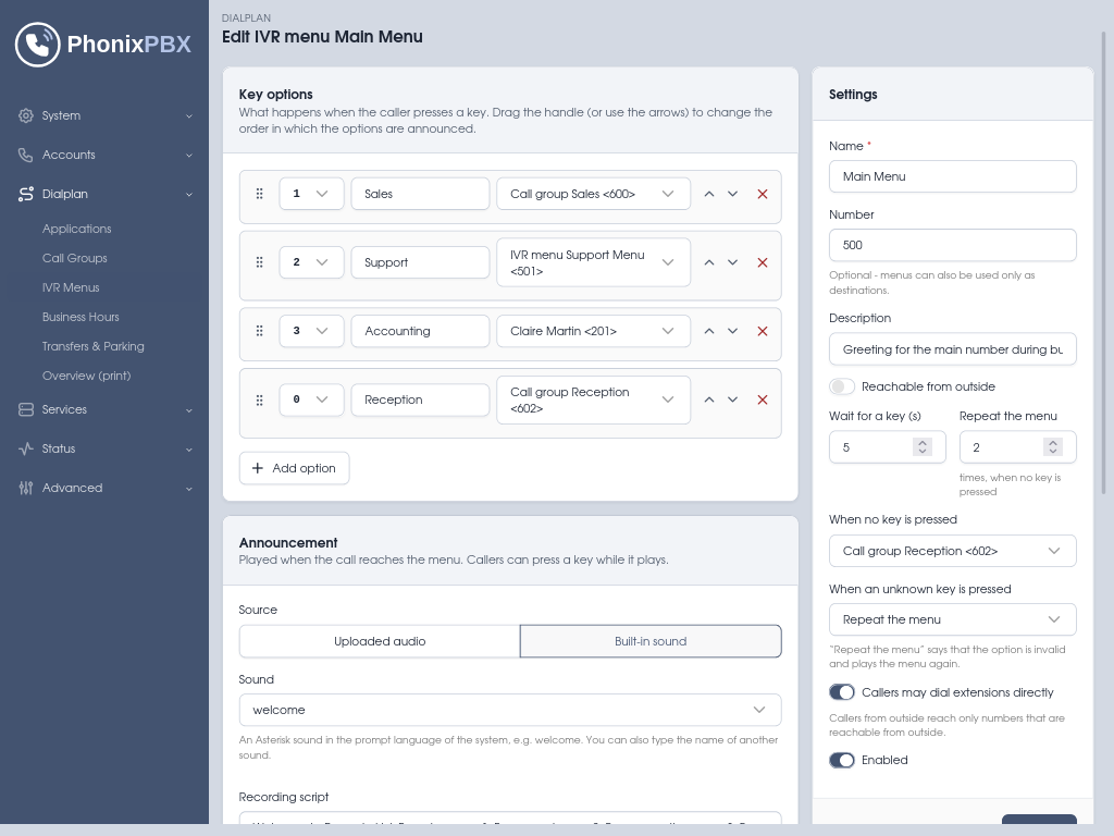 PhonixPBX IVR screenshot