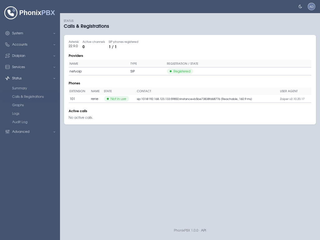 PhonixPBX Live status screenshot