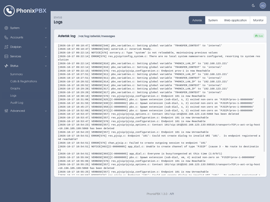 PhonixPBX Logs screenshot